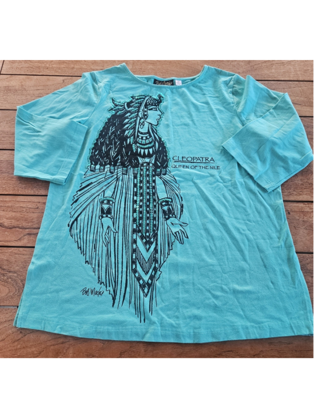 Vintage Bob Mackie Wearable Art Cleopatra Graphic Tee Top Teal Size M